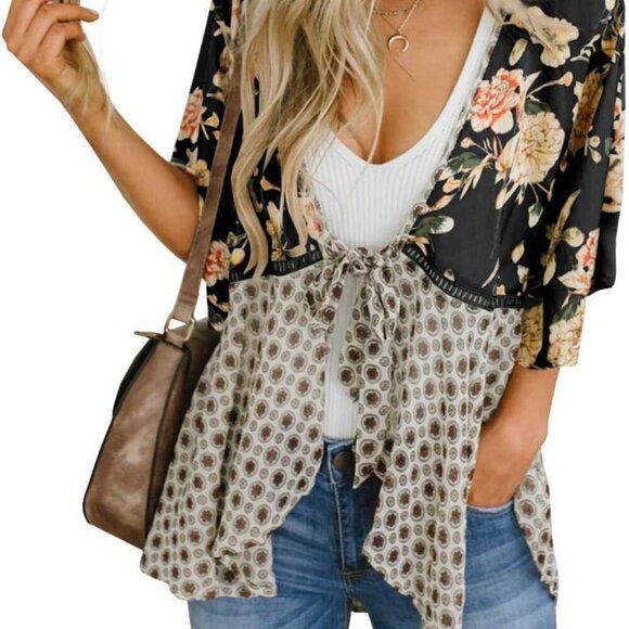 Women Floral Kimono Cardigans 3/4 Ruffle Sleeve Lightweight Patchwork Flowy Boho - Picture 1 of 7